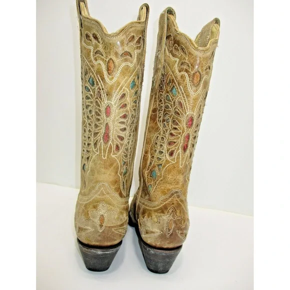 Corral Crackle Butterfly inlay Western Boots R2477 - turquoise tan 8 M snip toe